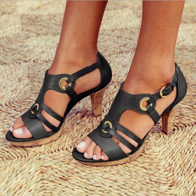 Awesome Strappy Metal Accent Medium Heel Sandal Shoes - My She Shop