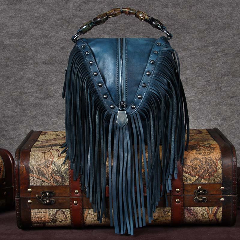 BATTLERLOVER Beautiful Bohemian Style Leather Fringe Rivet Handbag - My She Shop