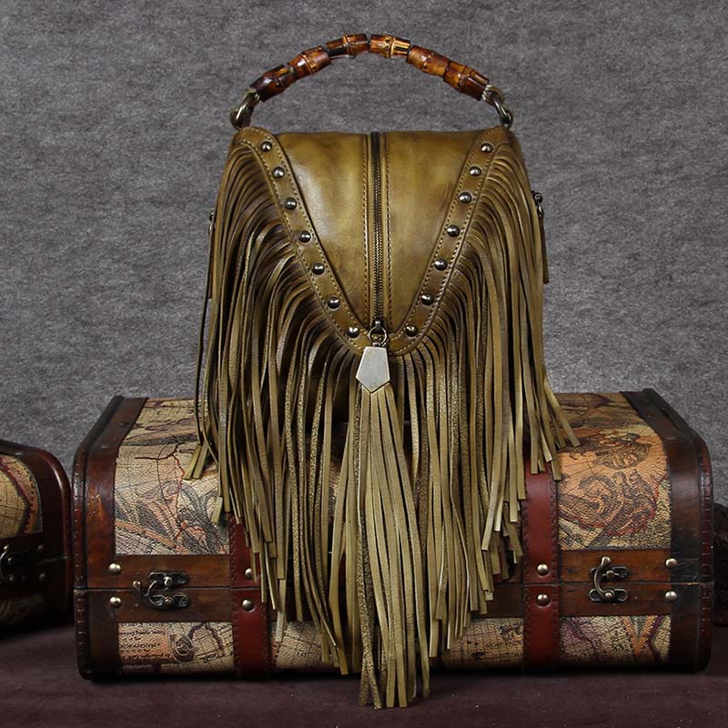 BATTLERLOVER Beautiful Bohemian Style Leather Fringe Rivet Handbag - My She Shop