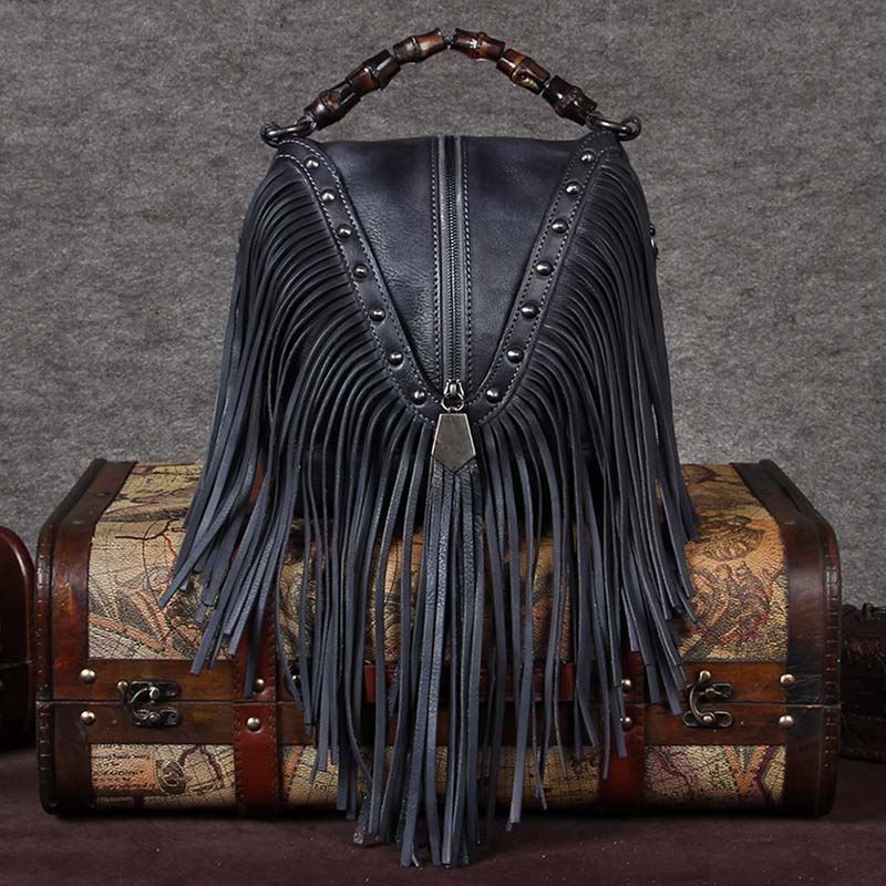 BATTLERLOVER Beautiful Bohemian Style Leather Fringe Rivet Handbag - My She Shop