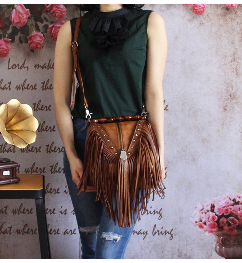 BATTLERLOVER Beautiful Bohemian Style Leather Fringe Rivet Handbag - My She Shop