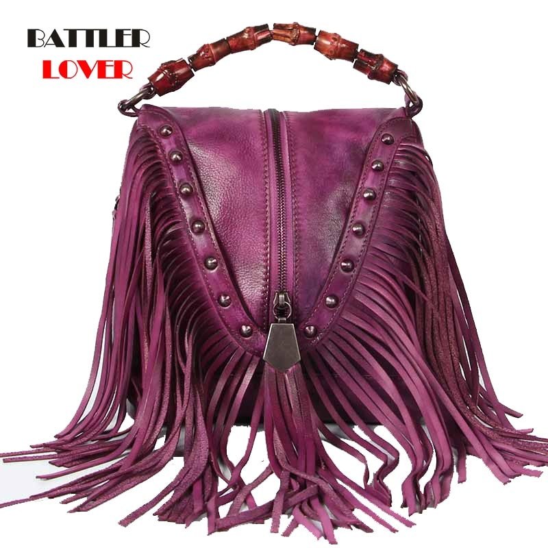 BATTLERLOVER Beautiful Bohemian Style Leather Fringe Rivet Handbag - My She Shop