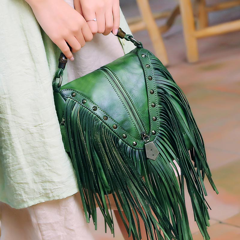 BATTLERLOVER Beautiful Bohemian Style Leather Fringe Rivet Handbag - My She Shop