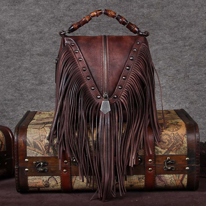 BATTLERLOVER Beautiful Bohemian Style Leather Fringe Rivet Handbag - My She Shop