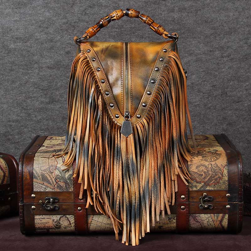 BATTLERLOVER Beautiful Bohemian Style Leather Fringe Rivet Handbag - My She Shop