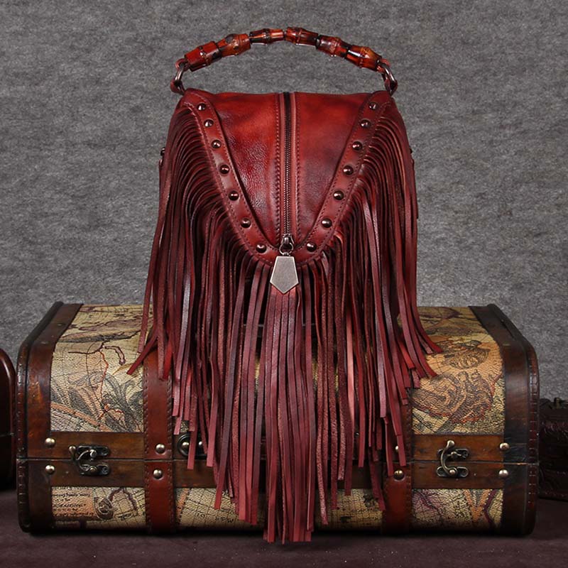 BATTLERLOVER Beautiful Bohemian Style Leather Fringe Rivet Handbag - My She Shop