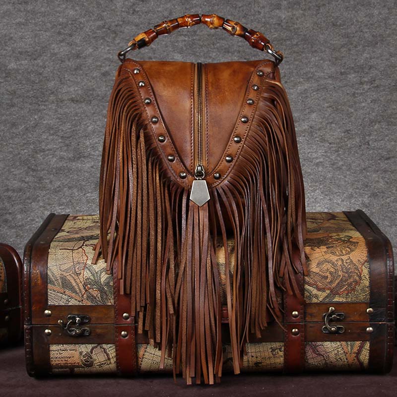 BATTLERLOVER Beautiful Bohemian Style Leather Fringe Rivet Handbag - My She Shop