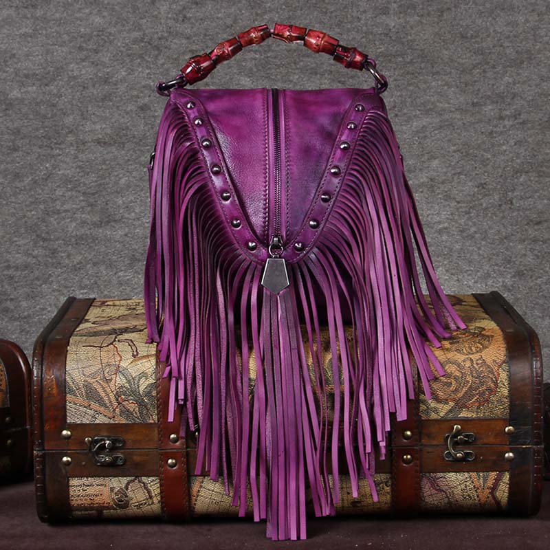 BATTLERLOVER Beautiful Bohemian Style Leather Fringe Rivet Handbag - My She Shop