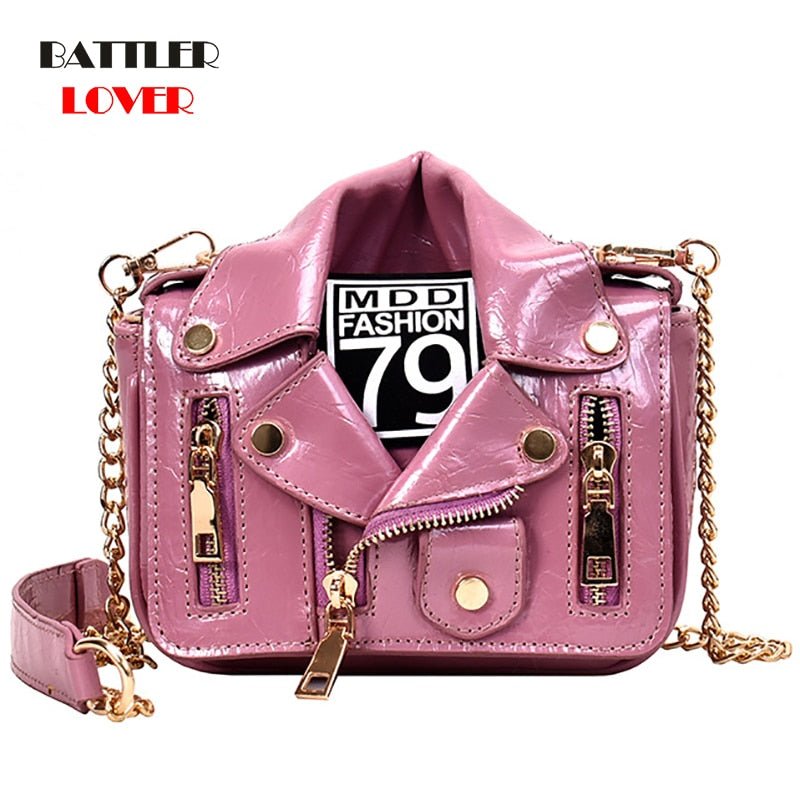 BATTLERLOVER Chain Rivet Zipper Motorcycle Jacket Crossbody Shoulder Bag Handbag - My She Shop