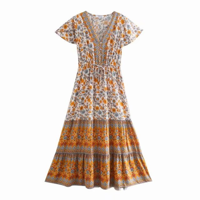 BELLFLOWER Floral Print Bohemian Style with Ruffle Dress - My She Shop