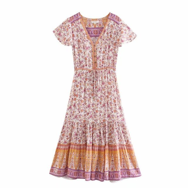 BELLFLOWER Floral Print Bohemian Style with Ruffle Dress - My She Shop