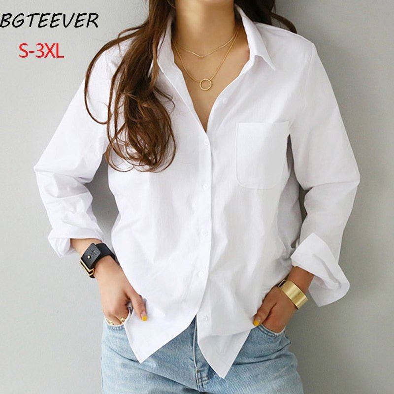 BGTEEVER Cotton Poly Spandex One Pocket Classic White Button Down Collar Shirt - My She Shop