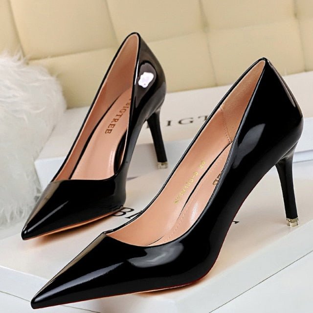 BIGTREE Classic Patent Leather Pointed Toe Stiletto Shoes - My She Shop