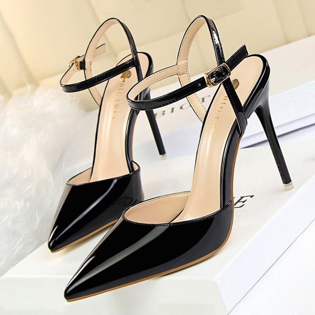 BIGTREE Patent Leather Closed or Peep Toe Ankle Buckle Stiletto Shoes - My She Shop