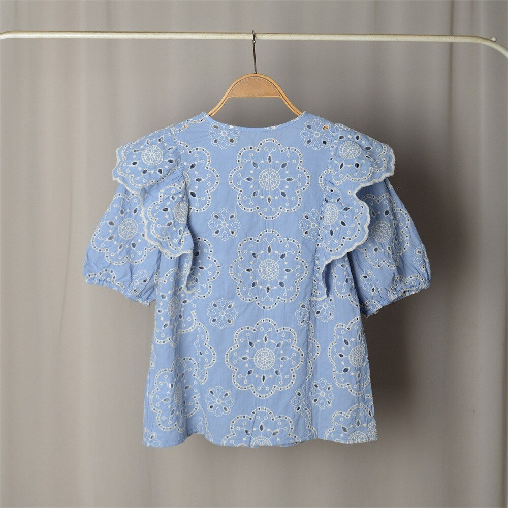 Blue Retro Embroidery Ruffled Loose Shirt - My She Shop