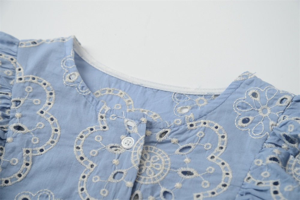 Blue Retro Embroidery Ruffled Loose Shirt - My She Shop