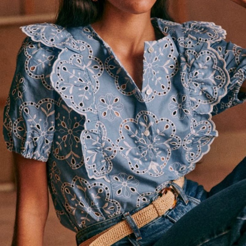 Blue Retro Embroidery Ruffled Loose Shirt - My She Shop