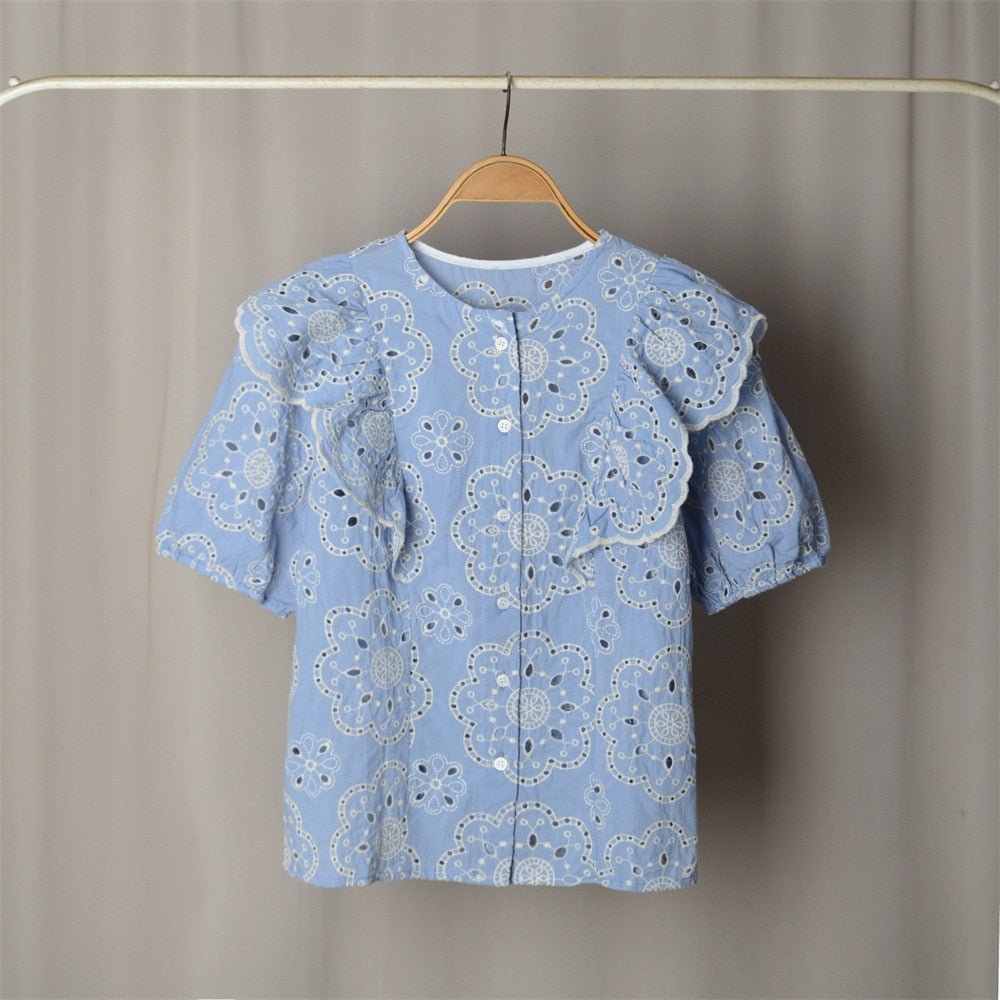 Blue Retro Embroidery Ruffled Loose Shirt - My She Shop