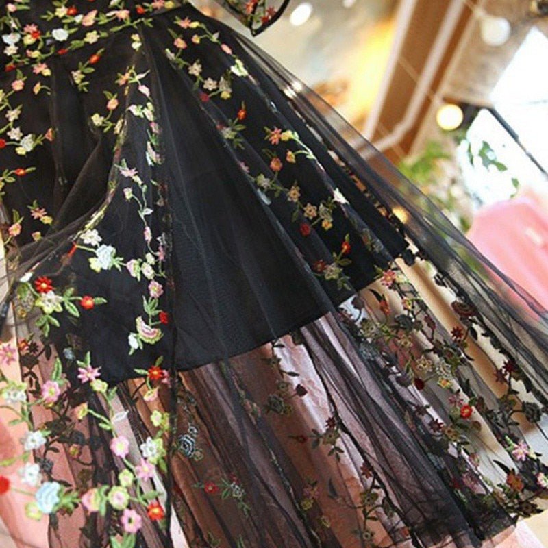 Bodacious Black Floral Embroidered Slit Midi Dress - My She Shop