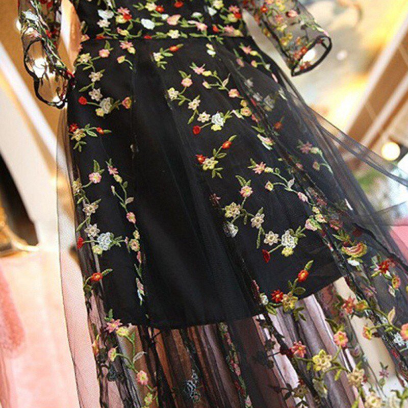 Bodacious Black Floral Embroidered Slit Midi Dress - My She Shop