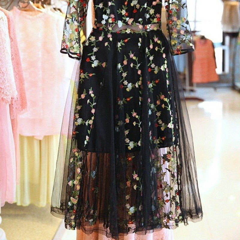 Bodacious Black Floral Embroidered Slit Midi Dress - My She Shop