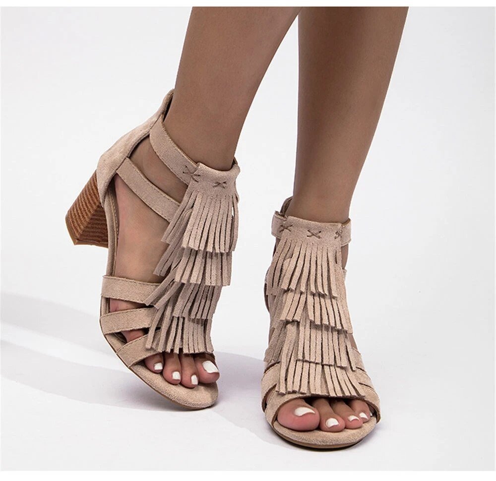 Boho Chic Leather Fringe High Block Heel Back Zip Sandal Shoes - My She Shop