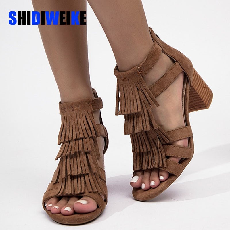 Boho Chic Leather Fringe High Block Heel Back Zip Sandal Shoes - My She Shop