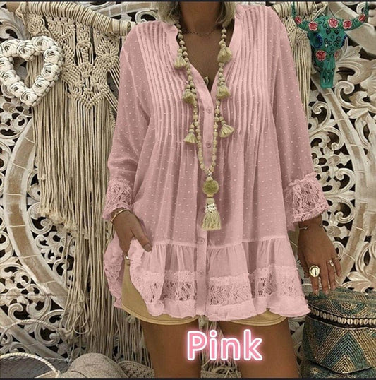 Boho Style Casual Button V-Neck 3/4 Sleeve Lace Ruffle Befree Blouse - My She Shop