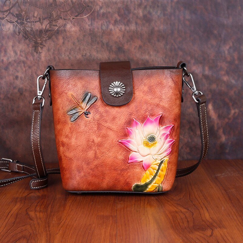 BOLAIER Bucket Messenger Leather Floral Embossed Shoulder Bag - My She Shop