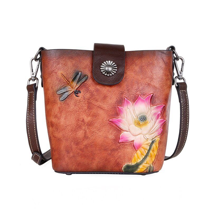 BOLAIER Bucket Messenger Leather Floral Embossed Shoulder Bag - My She Shop