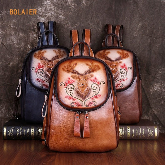 BOLAIER Leather Large-Capacity Deer Emblem Unisex Backpack Bag - My She Shop