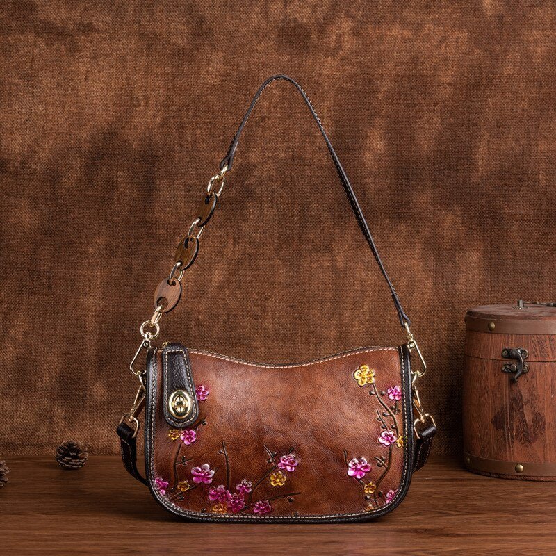 BOLAIER Leather Saddle Clutch Style Floral Embossed Shoulder Bag - My She Shop