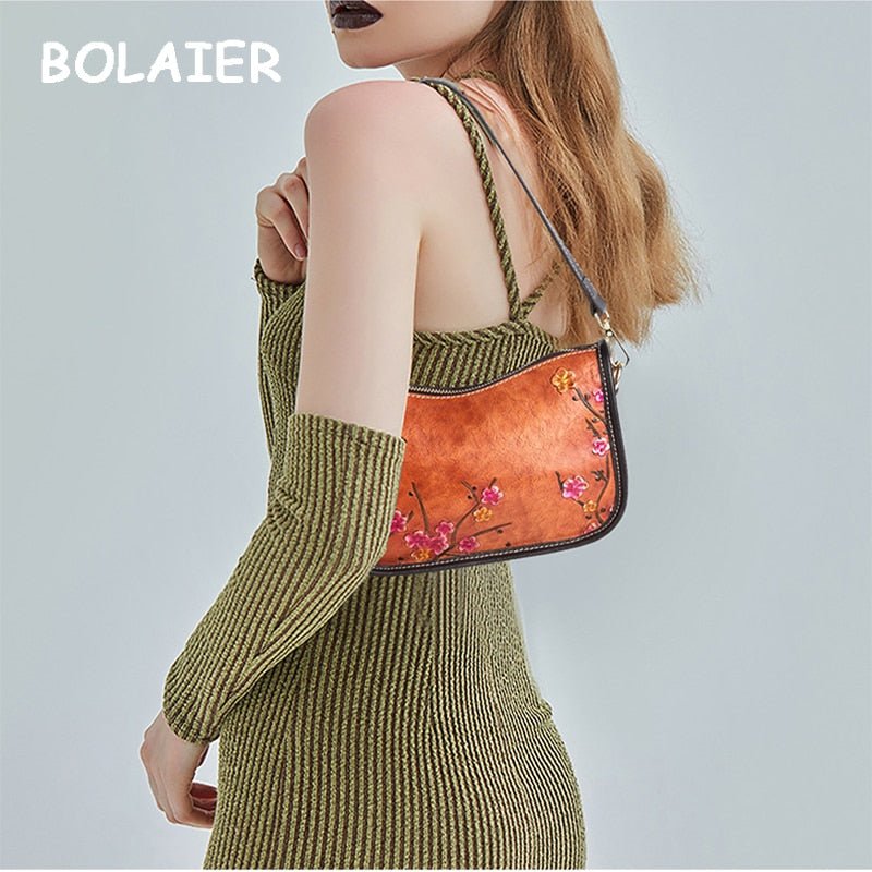 BOLAIER Leather Saddle Clutch Style Floral Embossed Shoulder Bag - My She Shop