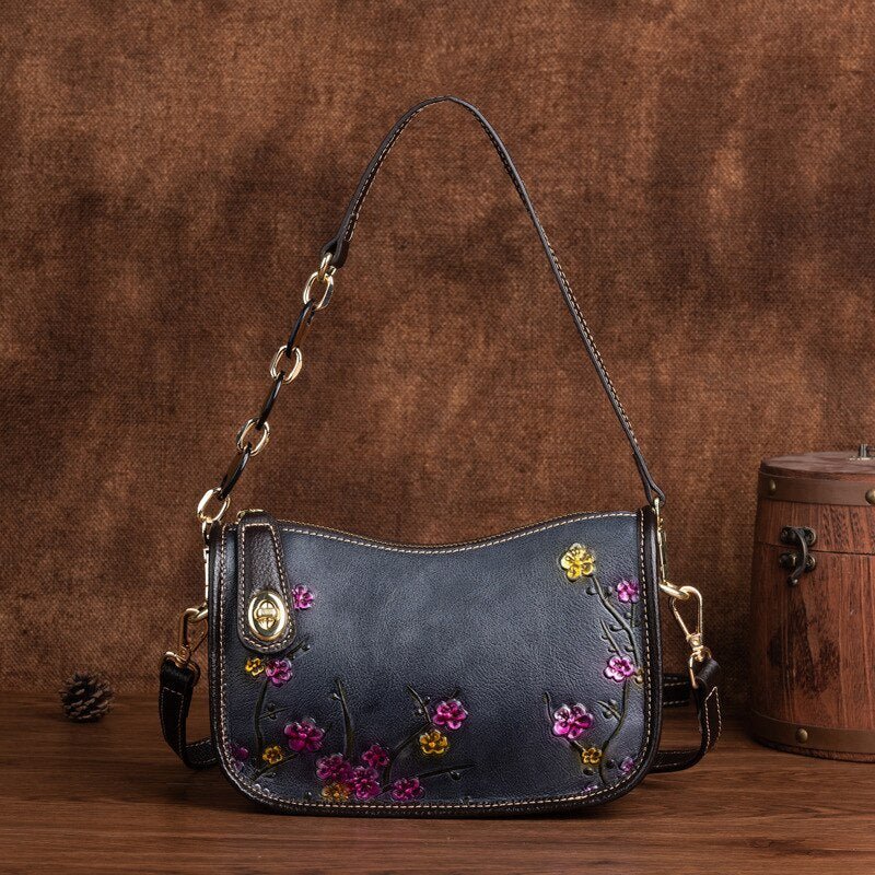 BOLAIER Leather Saddle Clutch Style Floral Embossed Shoulder Bag - My She Shop