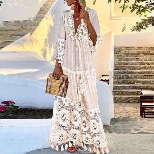 Butterfly Sleeve V-Neck Cotton-Poly Blend Boho Style Maxi Dress - My She Shop