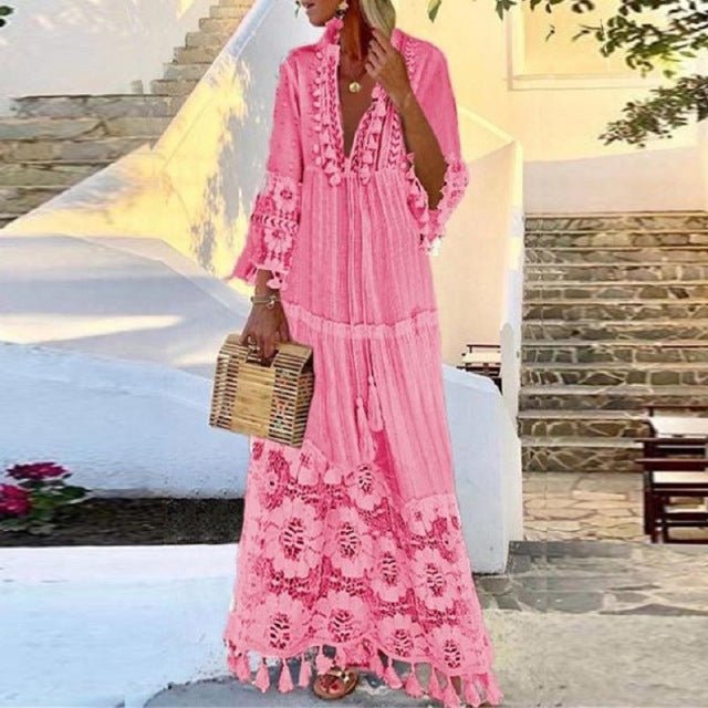 Butterfly Sleeve V-Neck Cotton-Poly Blend Boho Style Maxi Dress - My She Shop