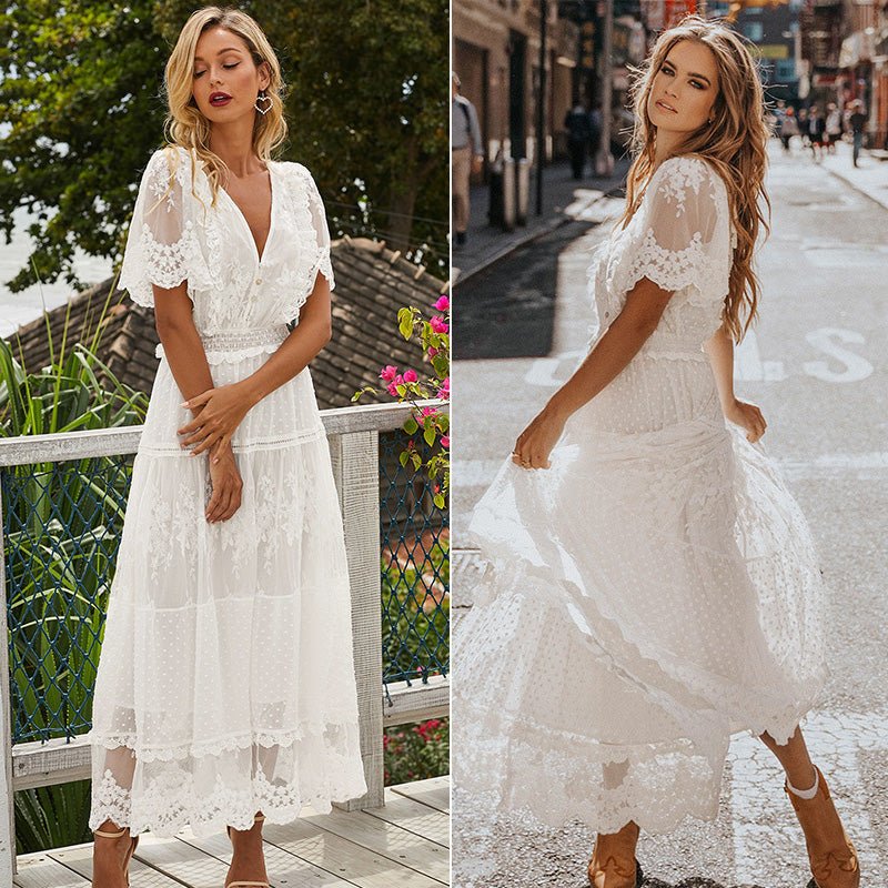 Butterfly Sleeve White Lace Maxi Dress - My She Shop