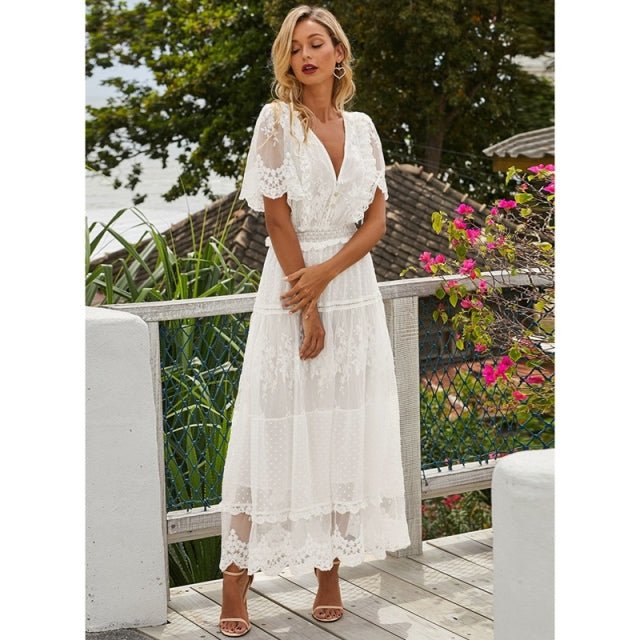 Butterfly Sleeve White Lace Maxi Dress - My She Shop