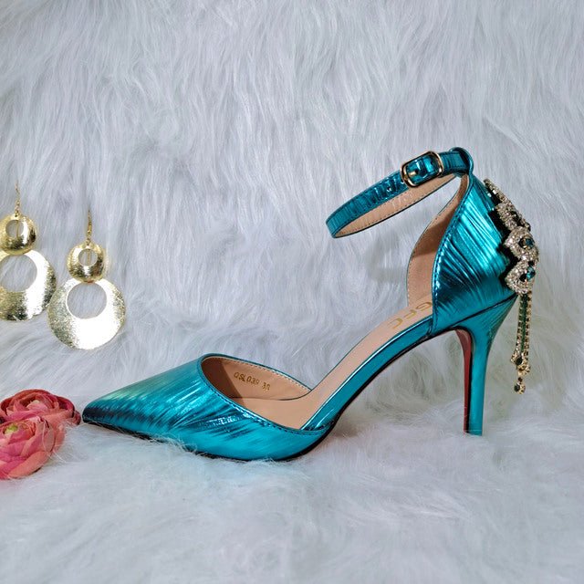 CAROL PARTY Patent Leather Metal Deco Ankle Buckle High Heel Shoes with Matching Bag - My She Shop