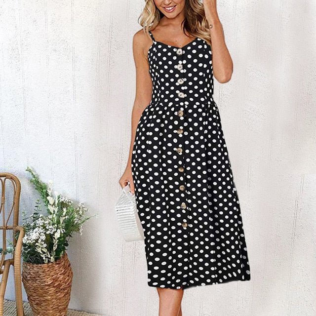 Casual Adorable Spaghetti Strap Print or Solid Pocket V-Neck Button Down Beach Cruise Dress - My She Shop