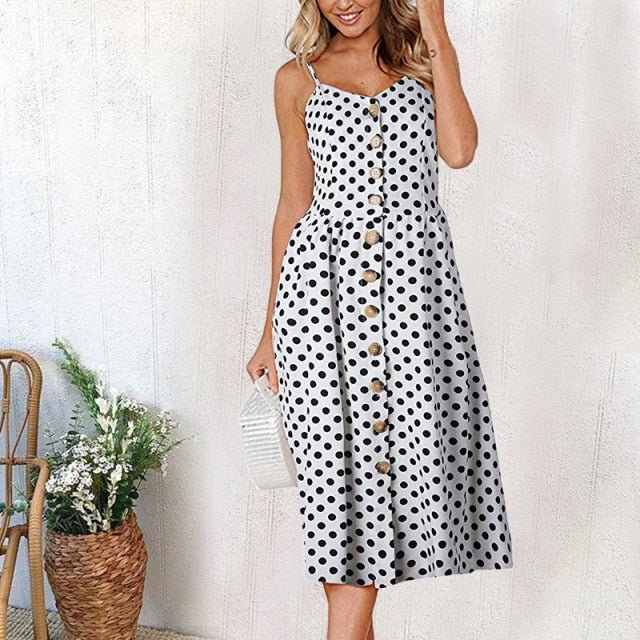 Casual Adorable Spaghetti Strap Print or Solid Pocket V-Neck Button Down Beach Cruise Dress - My She Shop