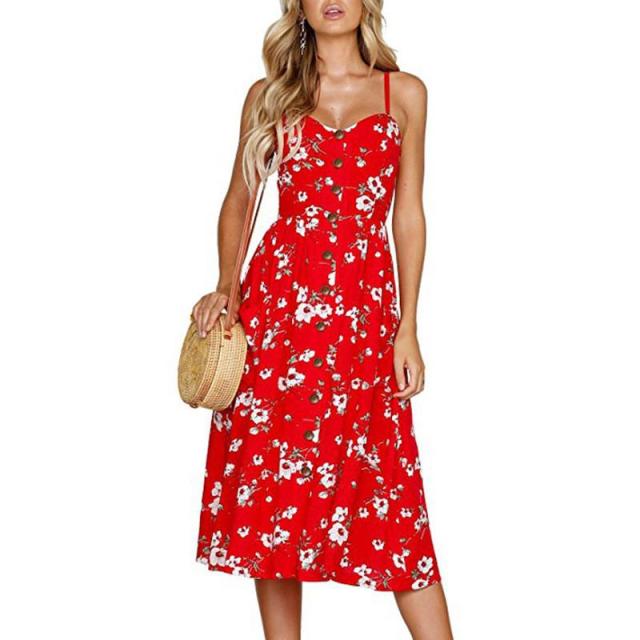 Casual Adorable Spaghetti Strap Print or Solid Pocket V-Neck Button Down Beach Cruise Dress - My She Shop