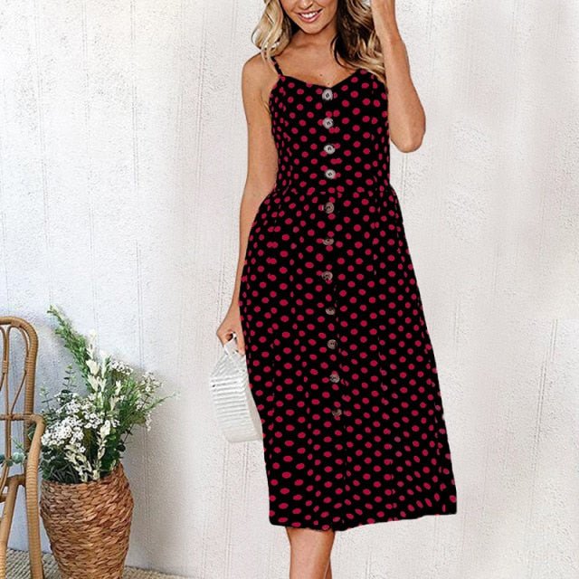 Casual Adorable Spaghetti Strap Print or Solid Pocket V-Neck Button Down Beach Cruise Dress - My She Shop