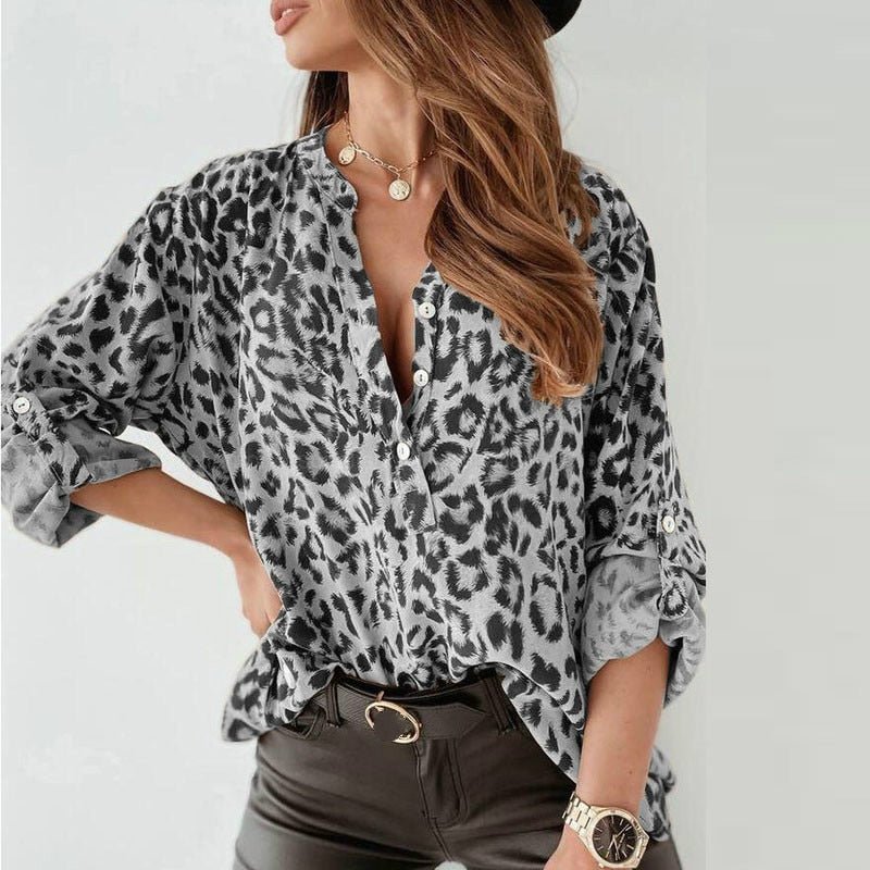 Casual Classy Adjustable Sleeve Button-Down Print Blouse - My She Shop