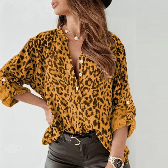 Casual Classy Adjustable Sleeve Button-Down Print Blouse - My She Shop