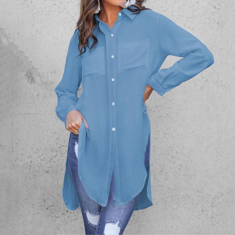 CELMIA Split Long Button-Down Thin Poly Tunic Top - My She Shop