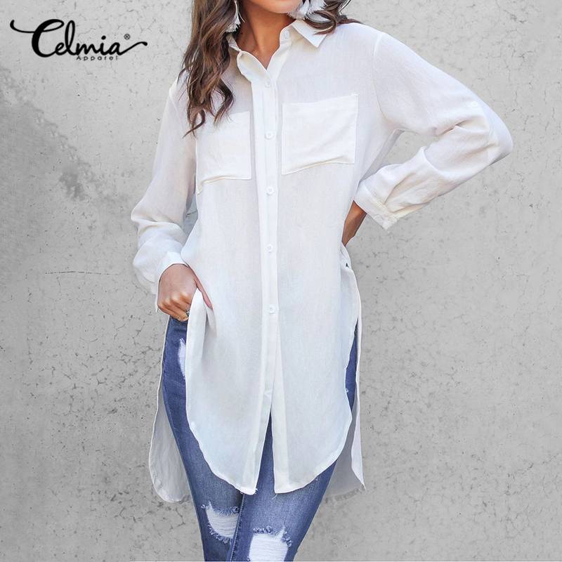 CELMIA Split Long Button-Down Thin Poly Tunic Top - My She Shop