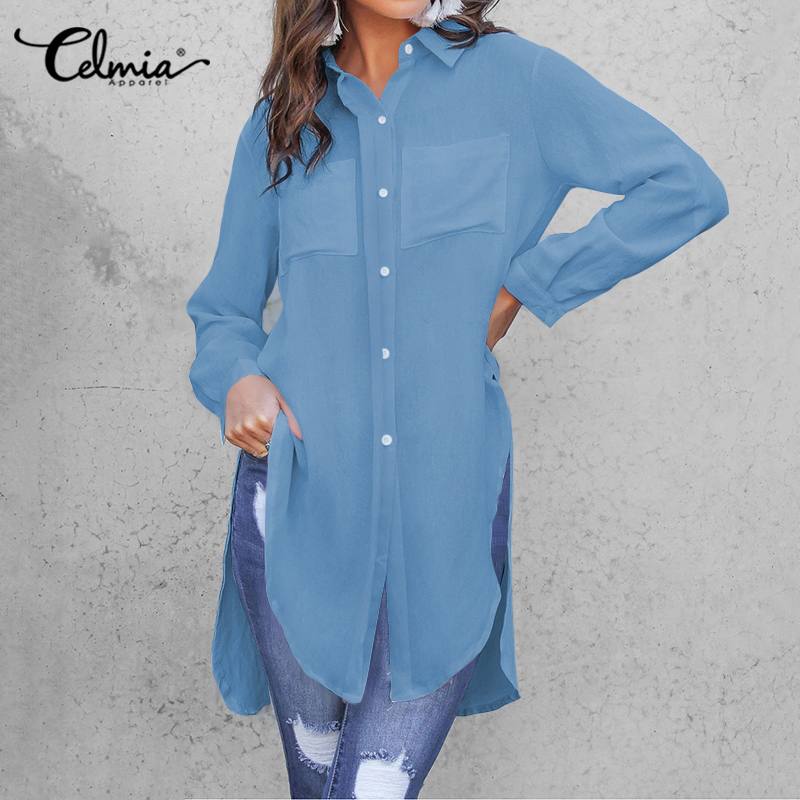 CELMIA Split Long Button-Down Thin Poly Tunic Top - My She Shop