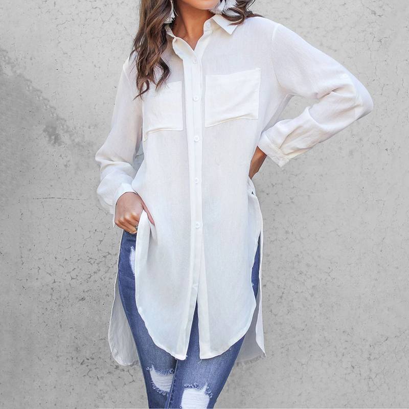 CELMIA Split Long Button-Down Thin Poly Tunic Top - My She Shop