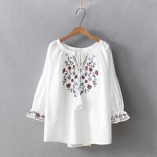 CHESHANF Bohemian Style Floral Embroidery Puff Sleeve Blouse - My She Shop